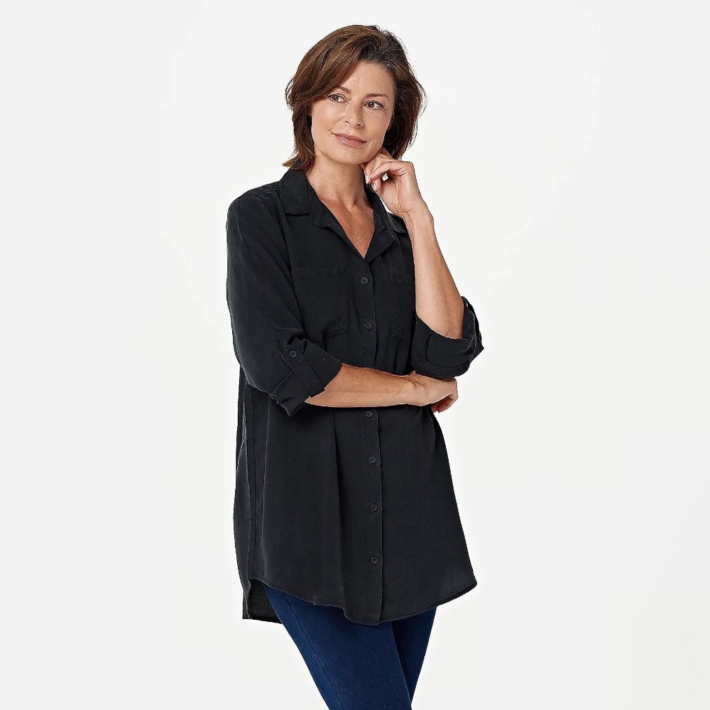 Side Stitch Button Front Tunic With Roll-Tab Sleev - image 2